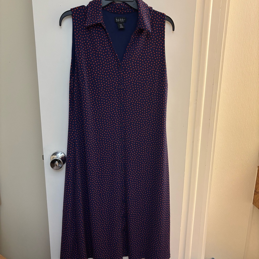 NICOLE MILLER V-NECK POLKA DOT BUTTON FRONT DRESS Sz 10 Knee Length Collared